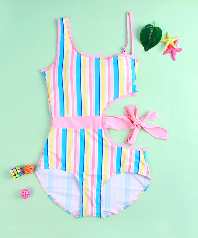 Jednoczęściowy strój kąpielowy dla dziewczynki z wycięciem i wiązaniem