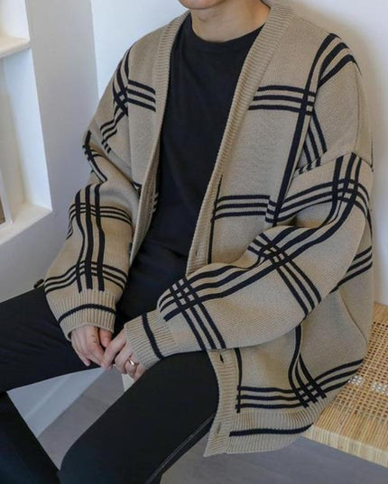 Męski sweter typu kardigan o kroju oversize w kratkę