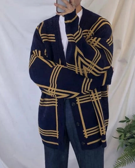 Męski sweter typu kardigan o kroju oversize w kratkę