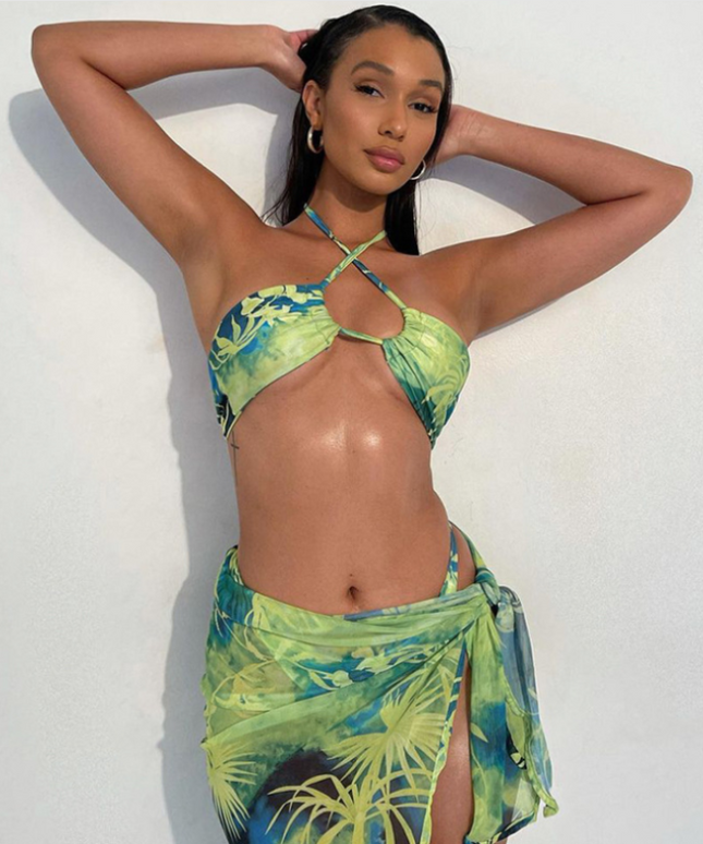Damski dwuczęściowy strój kąpielowy bikini ze spódniczką w egzotyczny wzór