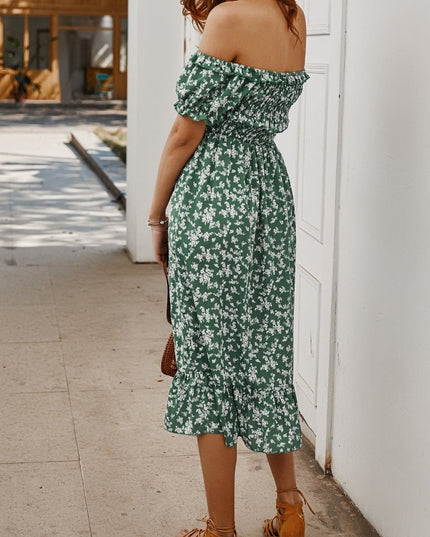 Sukienka midi letnia w kwiatki bez ramiączek z falbankami