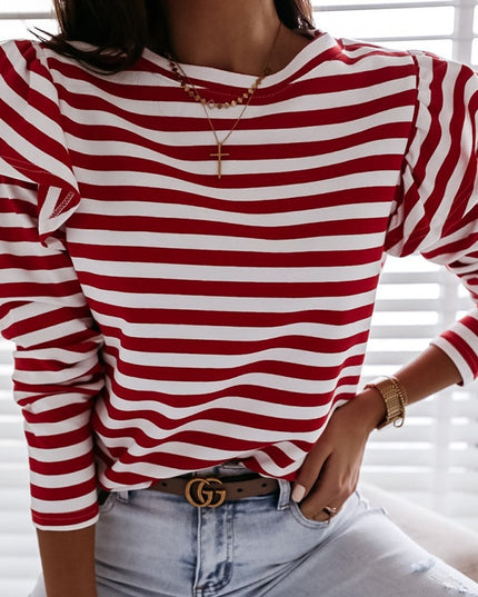 Damska koszulka z długim rękawem w paski z falbankami na rękawach