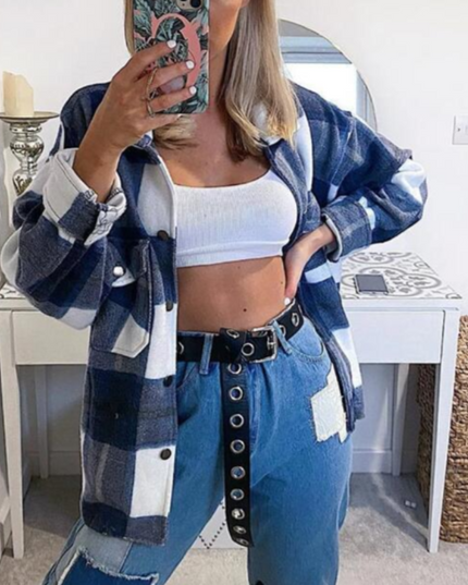 Damska kurtka przejściowa koszulowa w kratkę