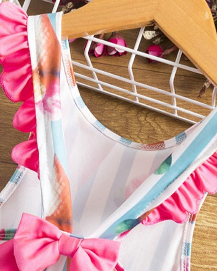 Jednoczęściowy strój kąpielowy dla niemowląt z falbankami i kokardą