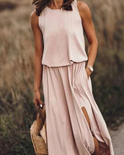 Sukienka maxi w pastelowych kolorach z rozcięciem