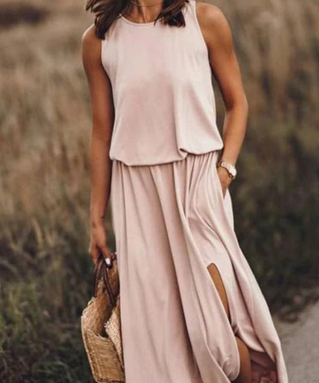 Sukienka maxi w pastelowych kolorach z rozcięciem