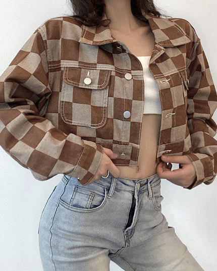 Damska kurtka jeansowa oversize w kratę