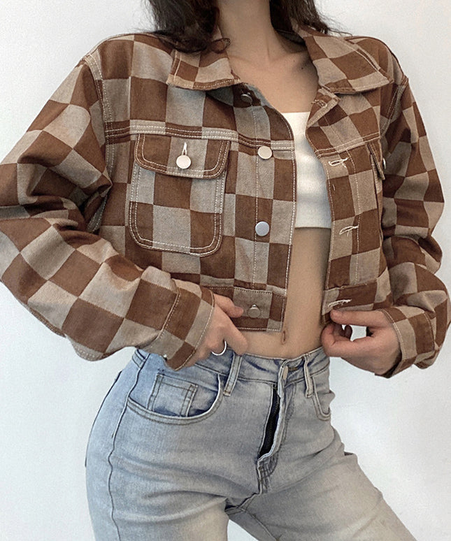 Damska kurtka jeansowa oversize w kratę