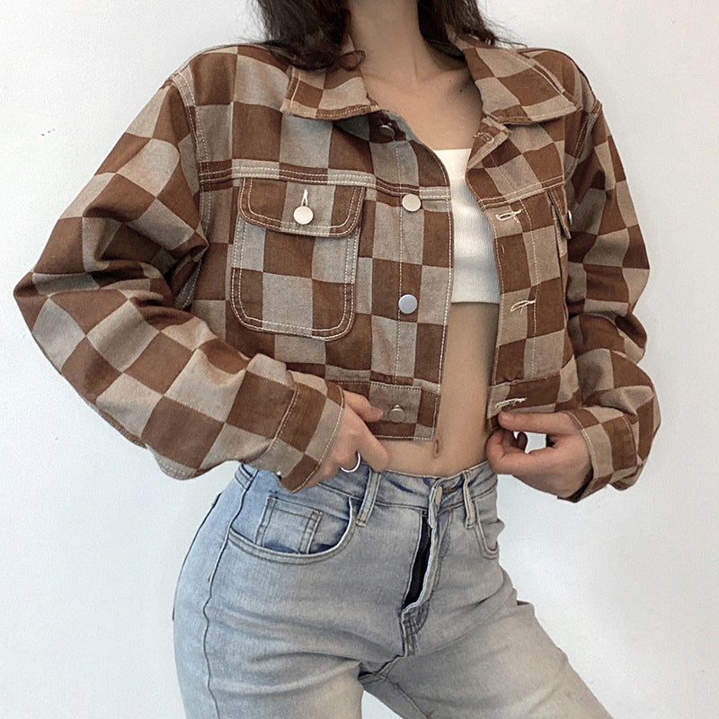 Damska kurtka jeansowa oversize w kratę