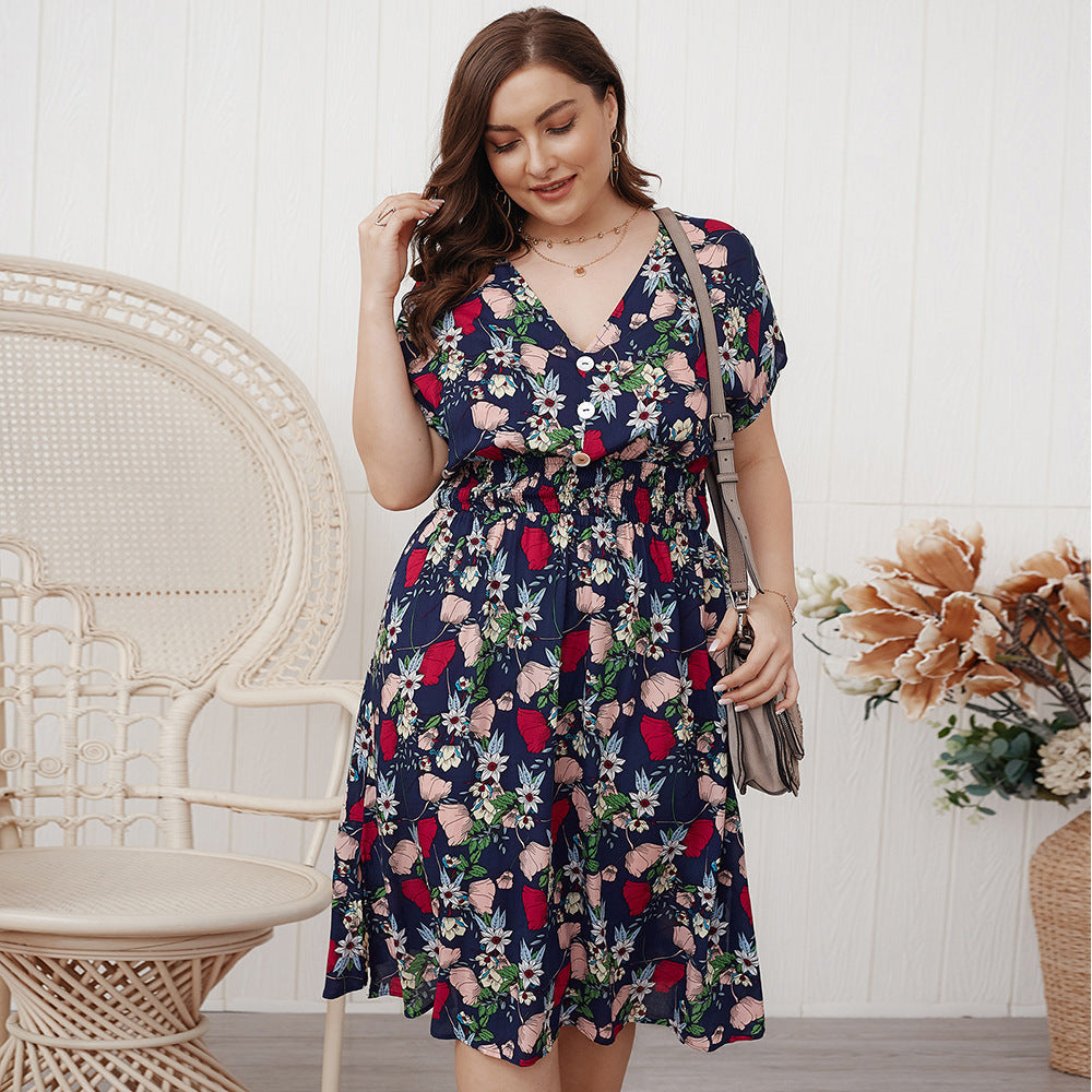 Sukienka plus size w letnie kolory z gumką w pasie