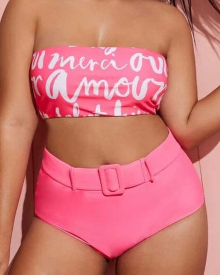 Dwuczęściowy strój kąpielowy plus size z klamrą i napisami