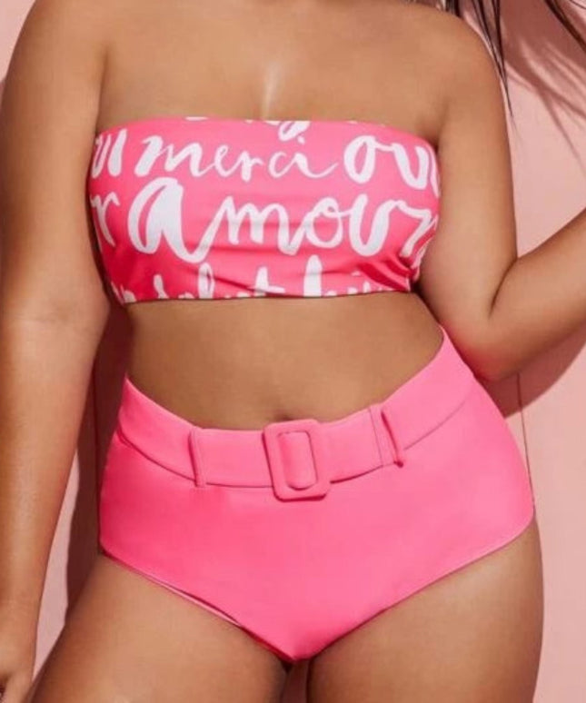 Dwuczęściowy strój kąpielowy plus size z klamrą i napisami