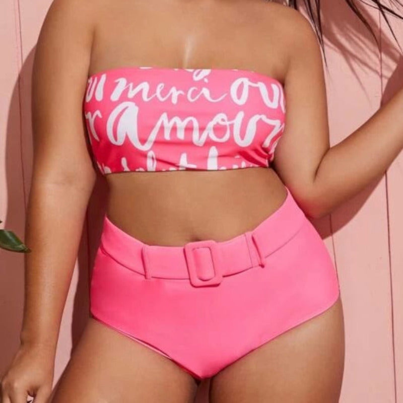 Dwuczęściowy strój kąpielowy plus size z klamrą i napisami