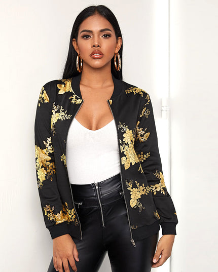 Damska kurtka przejściowa w złote kwiaty