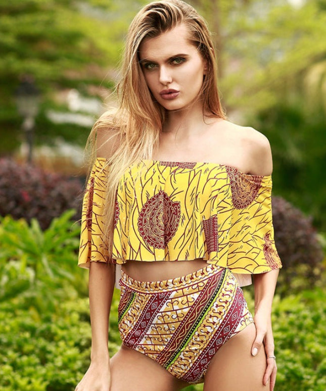 Dwuczęściowy strój kąpielowy z falbanką i azteckim wzorem