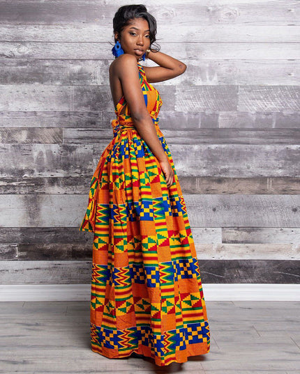 Sukienka maxi z indiańskim wzorem i wiązaniem