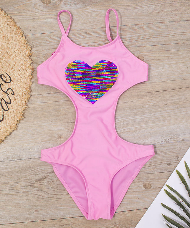 Jednoczęściowy strój kąpielowy z kolorowym serduszkiem z wcięciami