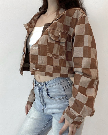 Damska kurtka jeansowa oversize w kratę