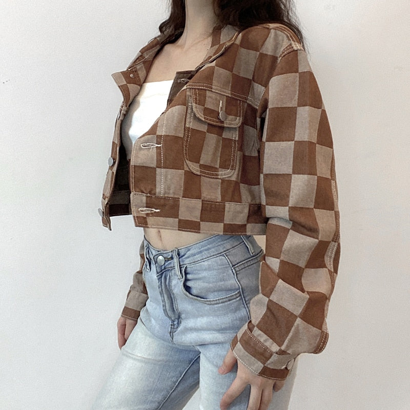 Damska kurtka jeansowa oversize w kratę