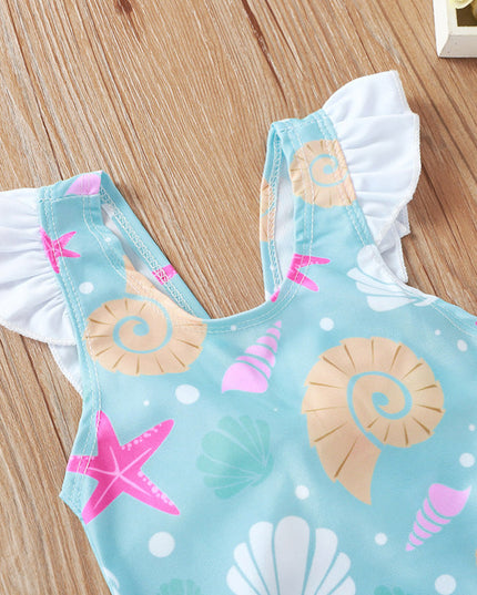 Jednoczęściowy strój kąpielowy dla dziewczynki w muszelki z falbankami