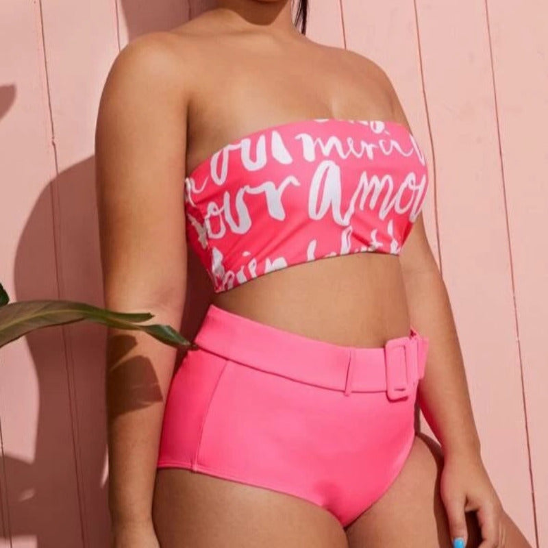 Dwuczęściowy strój kąpielowy plus size z klamrą i napisami