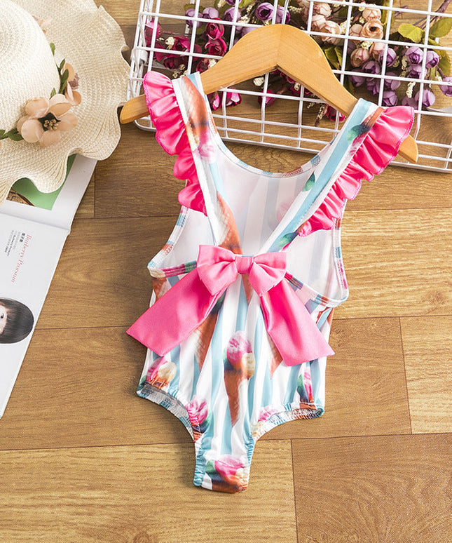 Jednoczęściowy strój kąpielowy dla dziewczynki z falbankami i kokardą