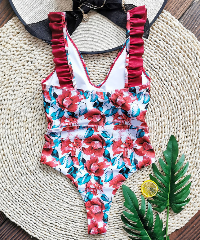 Damski jednoczęściowy strój kąpielowy z falbankami