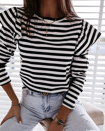 Damska koszulka z długim rękawem w paski z falbankami na rękawach