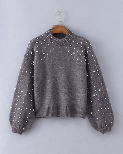 Damski sweter typu półgolf ozdobiony perełkami