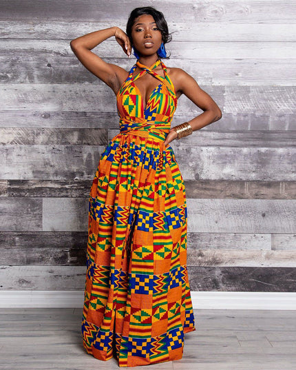 Sukienka maxi z indiańskim wzorem i wiązaniem