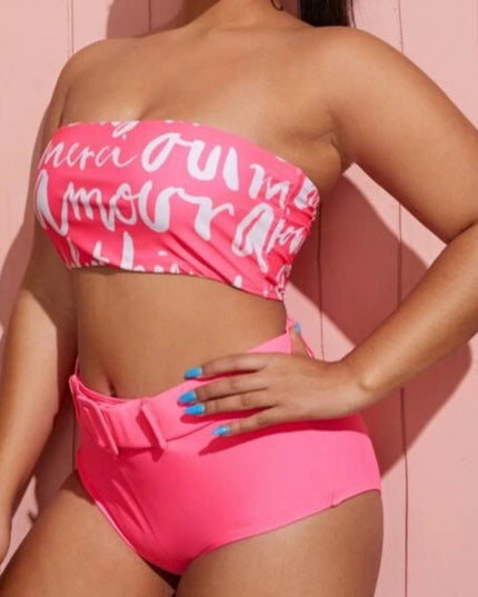 Dwuczęściowy strój kąpielowy plus size z klamrą i napisami