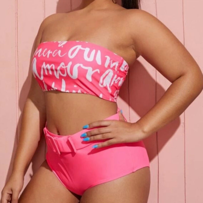 Dwuczęściowy strój kąpielowy plus size z klamrą i napisami