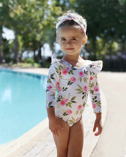 Jednoczęściowy strój kąpielowy dla niemowląt z długim rękawem i falbanką