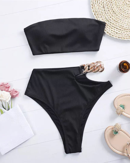 Damski dwuczęściowy strój kąpielowy bikini bandeau z łańcuszkiem