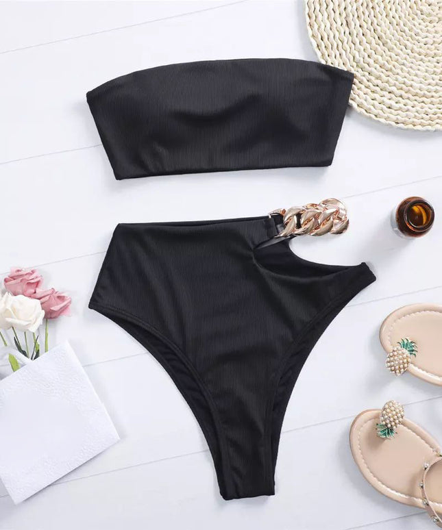 Damski dwuczęściowy strój kąpielowy bikini bandeau z łańcuszkiem