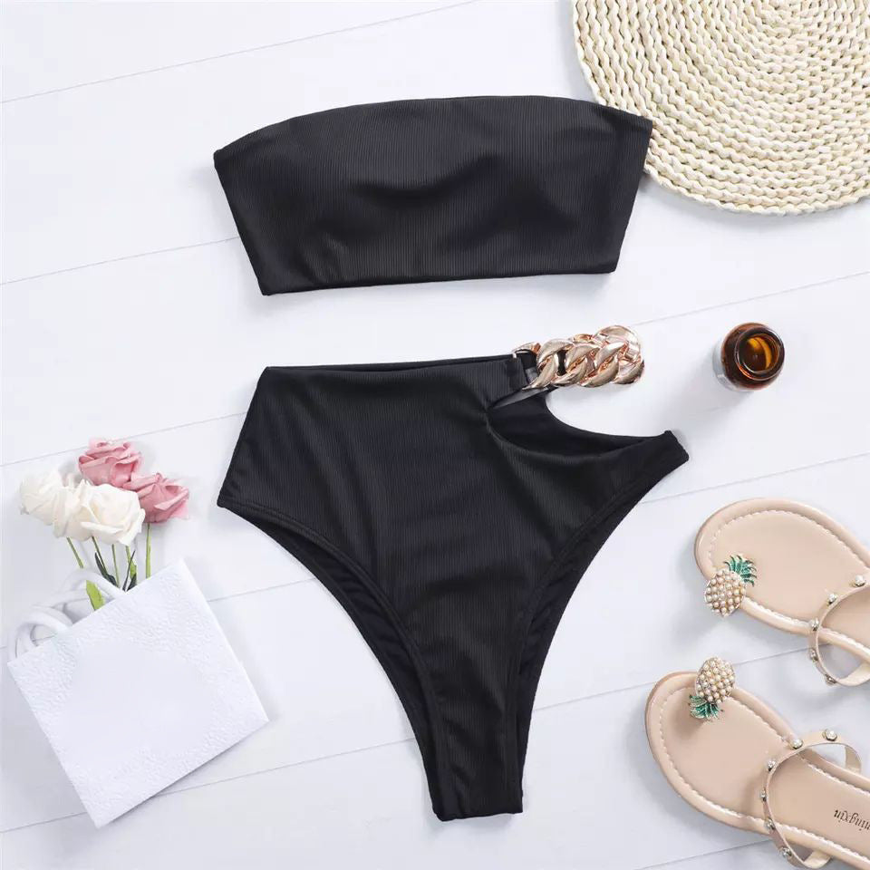 Damski dwuczęściowy strój kąpielowy bikini bandeau z łańcuszkiem