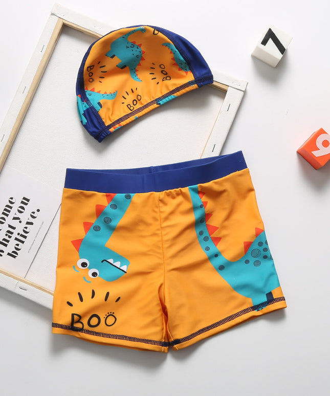 Kąpielówki dla chłopca pomarańczowe z dinozaurem