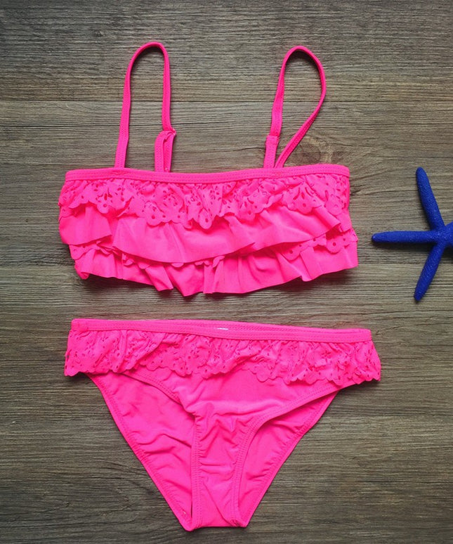 Dwuczęściowy strój kąpielowy bikini dla dziewczynek na ramiączkach z falbankami