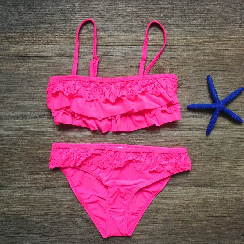 Dwuczęściowy strój kąpielowy bikini dla dziewczynek na ramiączkach z falbankami