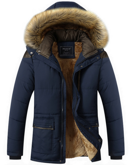 Męska kurtka zimowa ocieplana z kapturem obszytym futerkiem