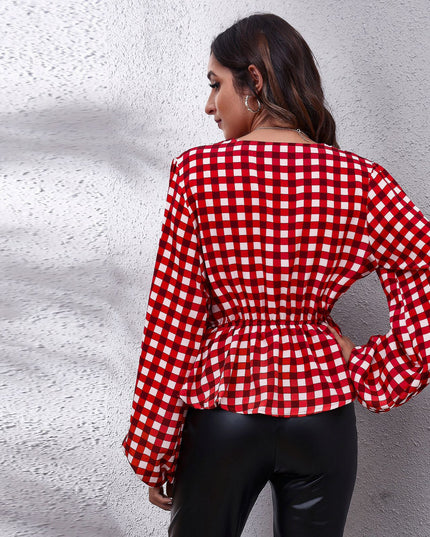 Damska koszulka z długim rękawem we wzory z falbanką