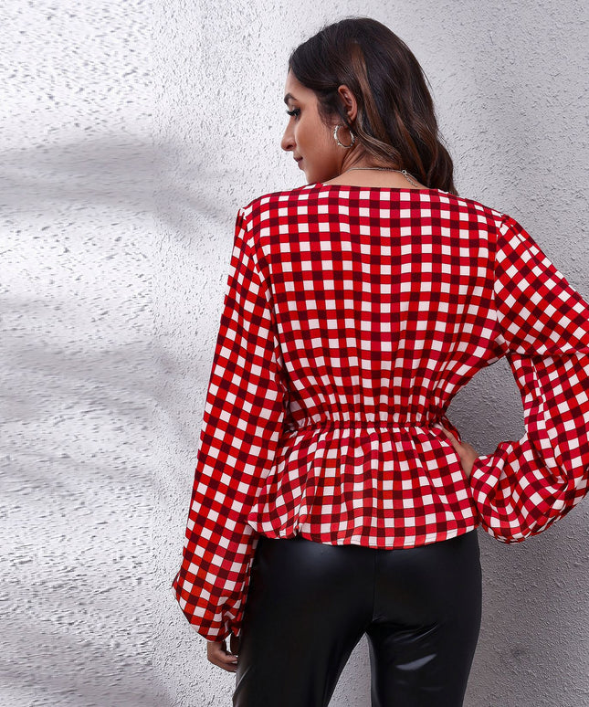 Damska koszulka z długim rękawem we wzory z falbanką