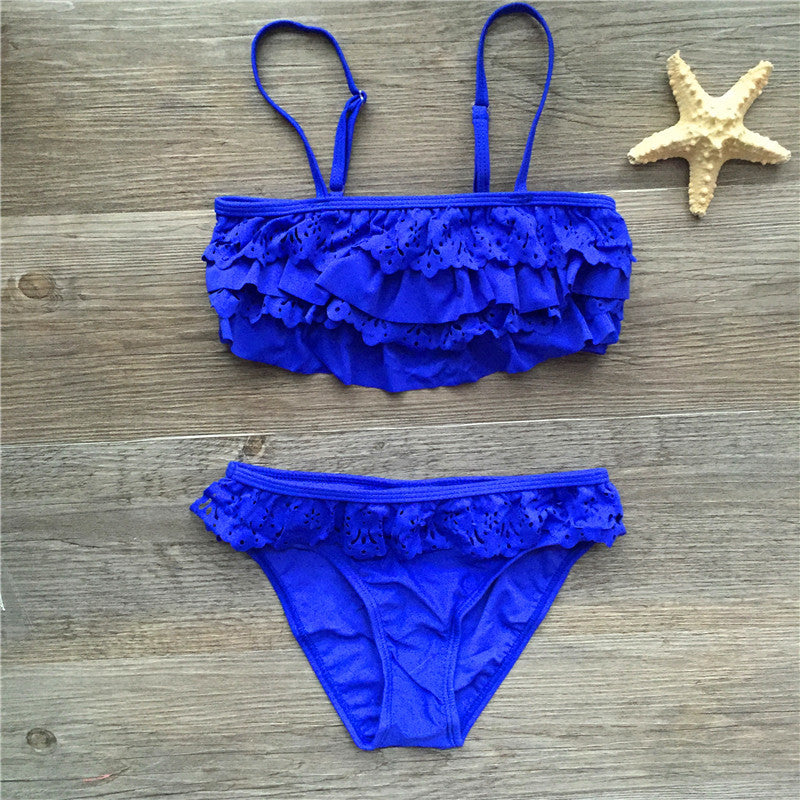 Dwuczęściowy strój kąpielowy bikini dla dziewczynek na ramiączkach z falbankami