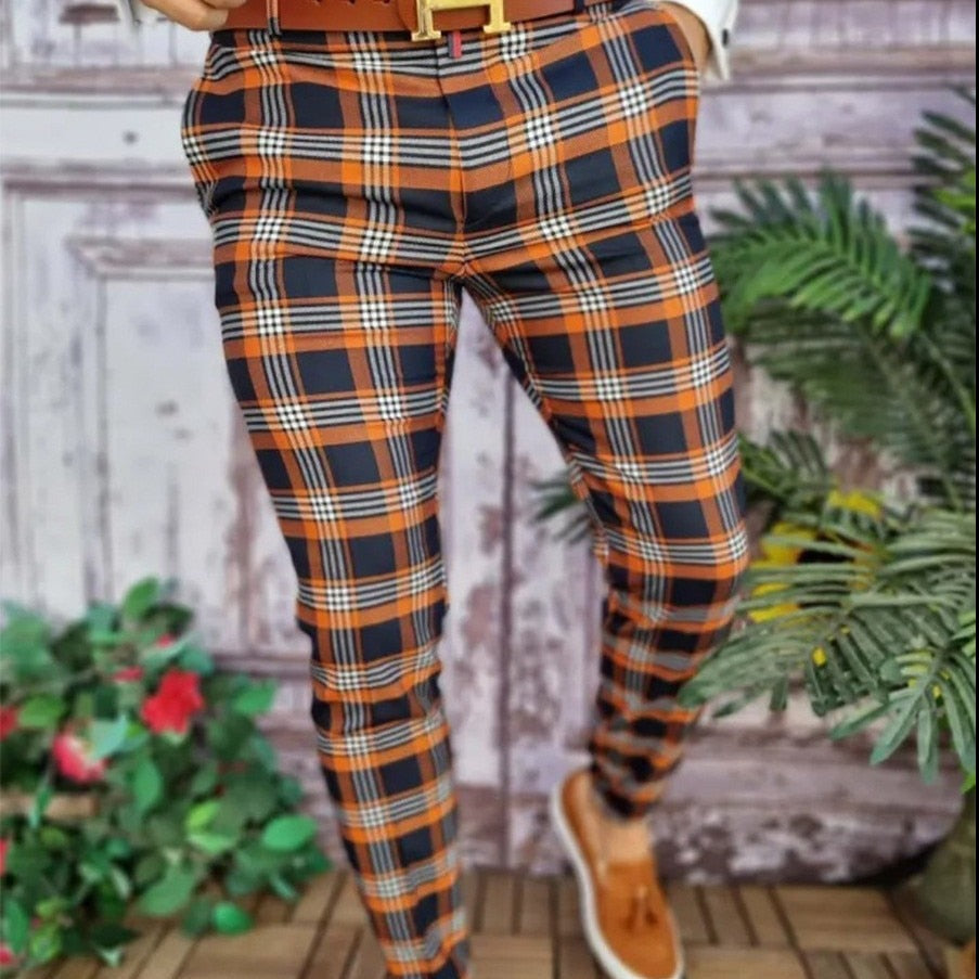 Męskie spodnie eleganckie w ozdobną kratkę