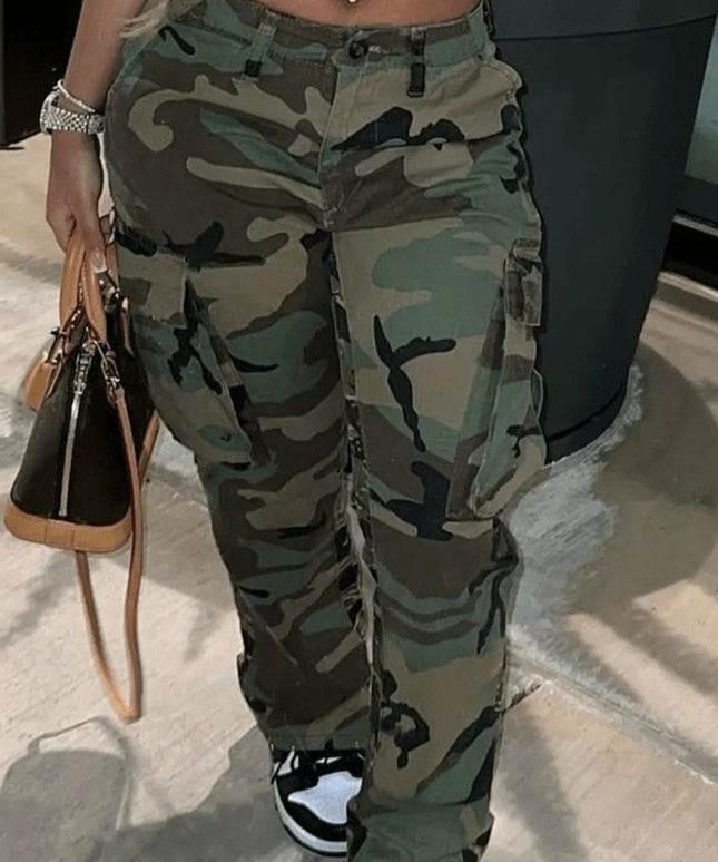 Damskie spodnie cargo we wzór moro