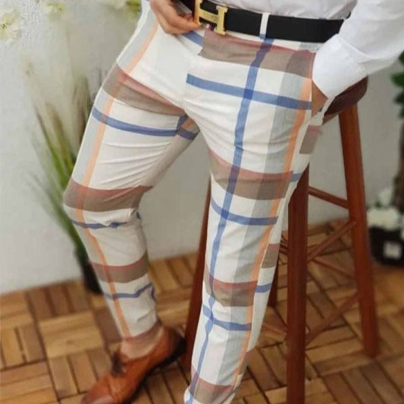 Męskie spodnie eleganckie w ozdobną kratkę