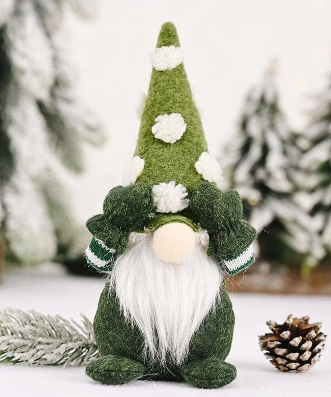 Świąteczny Bożonarodzeniowy skrzat krasnal zielony z czapką w kropki