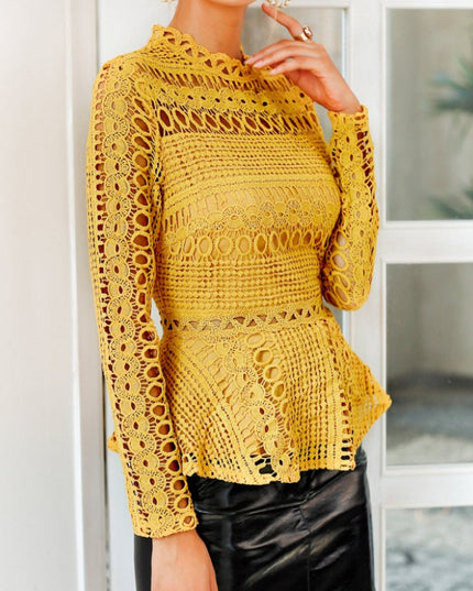 Damska koszulka z długim rękawem ażurowa z baskinką