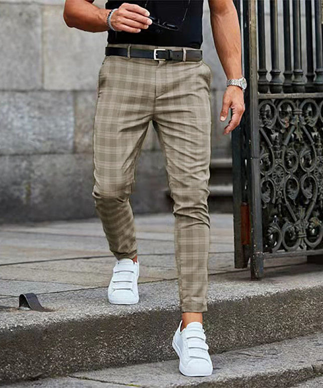 Męskie spodnie eleganckie w ozdobną kratkę