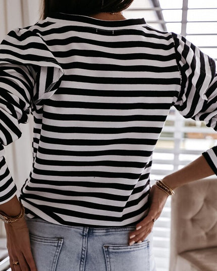 Damska koszulka z długim rękawem w paski z falbankami na rękawach